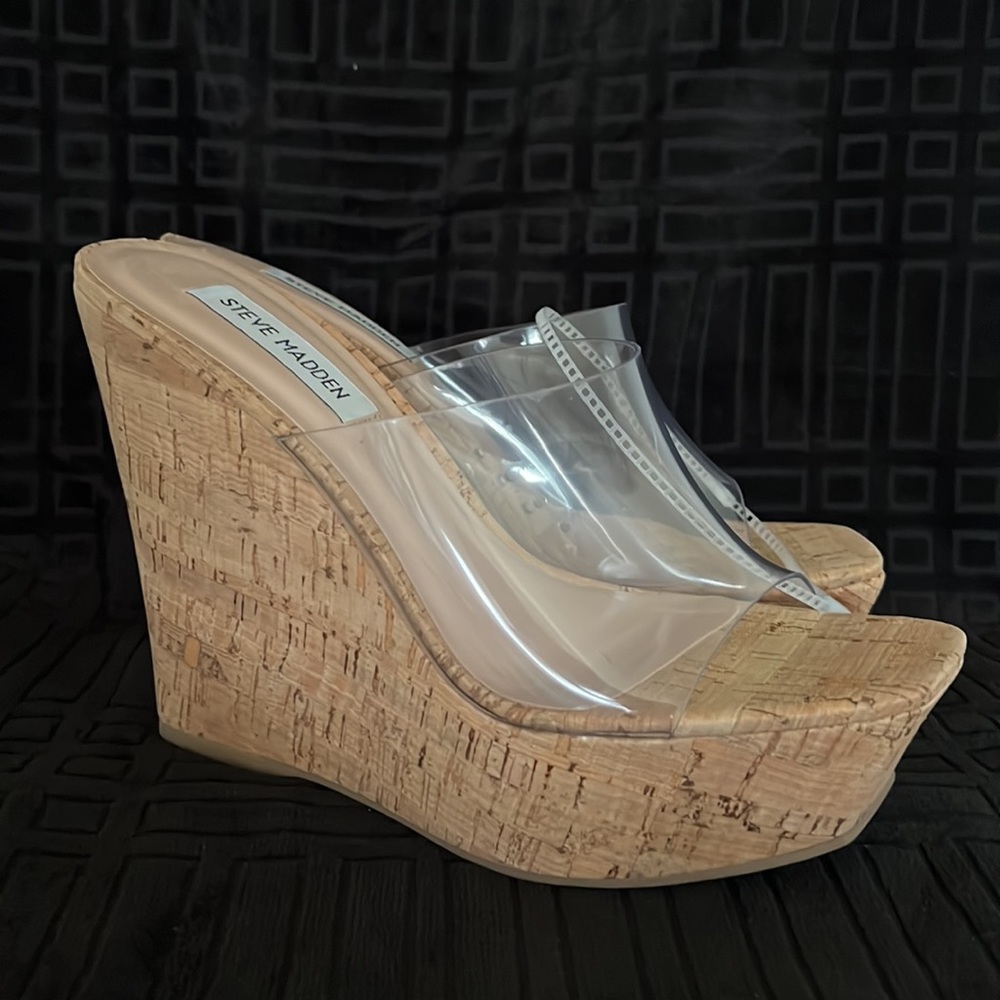 Steve Madden Clear PVC Cork Wedge Sandals